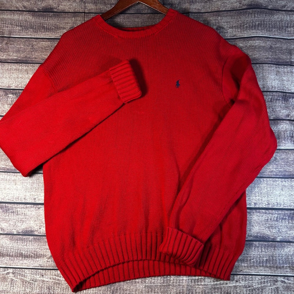 Polo Ralph Lauren Red Cotton Shaker Stitch Crewneck Sweater Mens Large Navy Pony